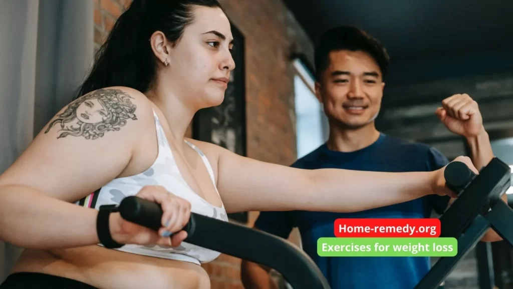 A woman doing exercise in gym along with a gym trainer with a text written exercises for weight loss.