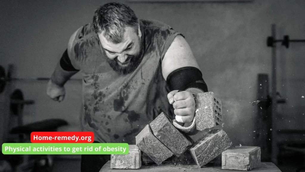 a man doing exercises and a text written on it physical activities to get rid of obesity.