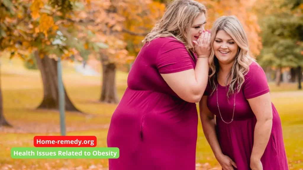 Two women gossiping in the pic with a text is written health issues related to obesity